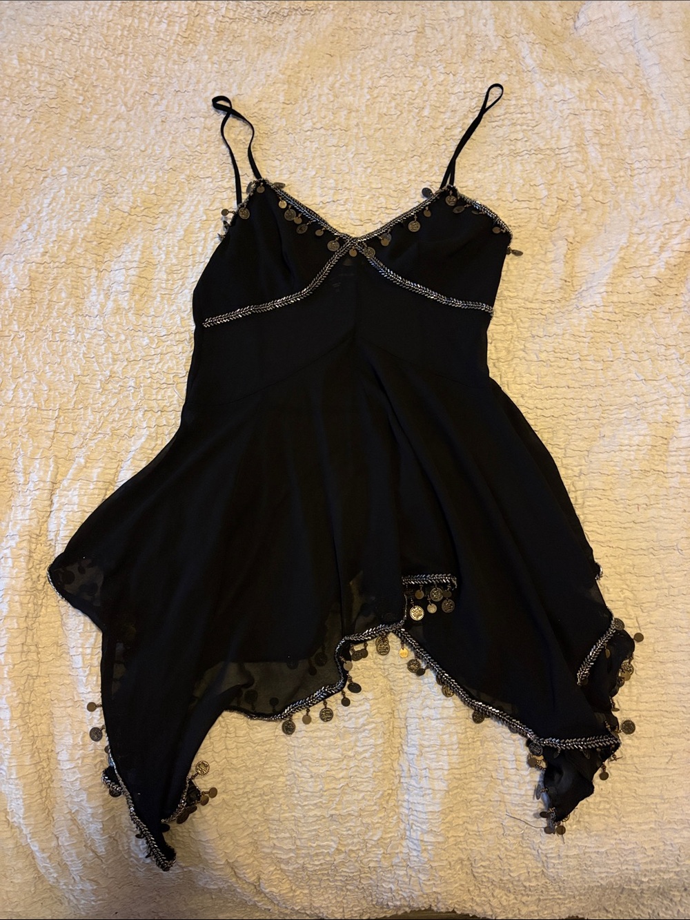 Dolls Kill Black Beaded Coin-Trim Handkerchief Hem Camisole Dress